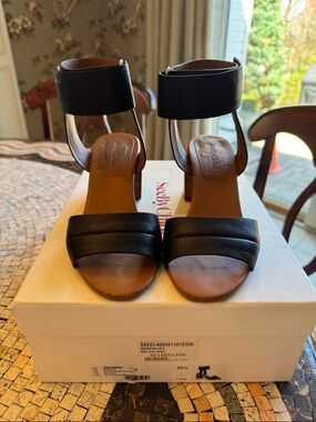 See By Chloe Black Leather Block Heel Ankle-Strap Sandals